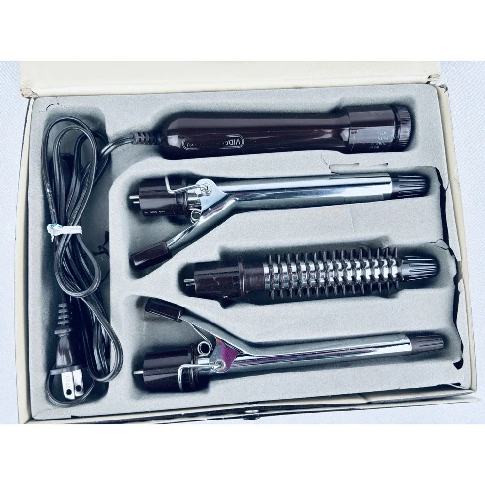 Vintage 1982 Vidal Sassoon Curling Iron w/ Attachments Case Tested Works Travel